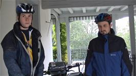 Preparing to leave Gyrenbad Guest House on a very wet morning - note Joe's mud-covered coat, a result of him not having a mudguard